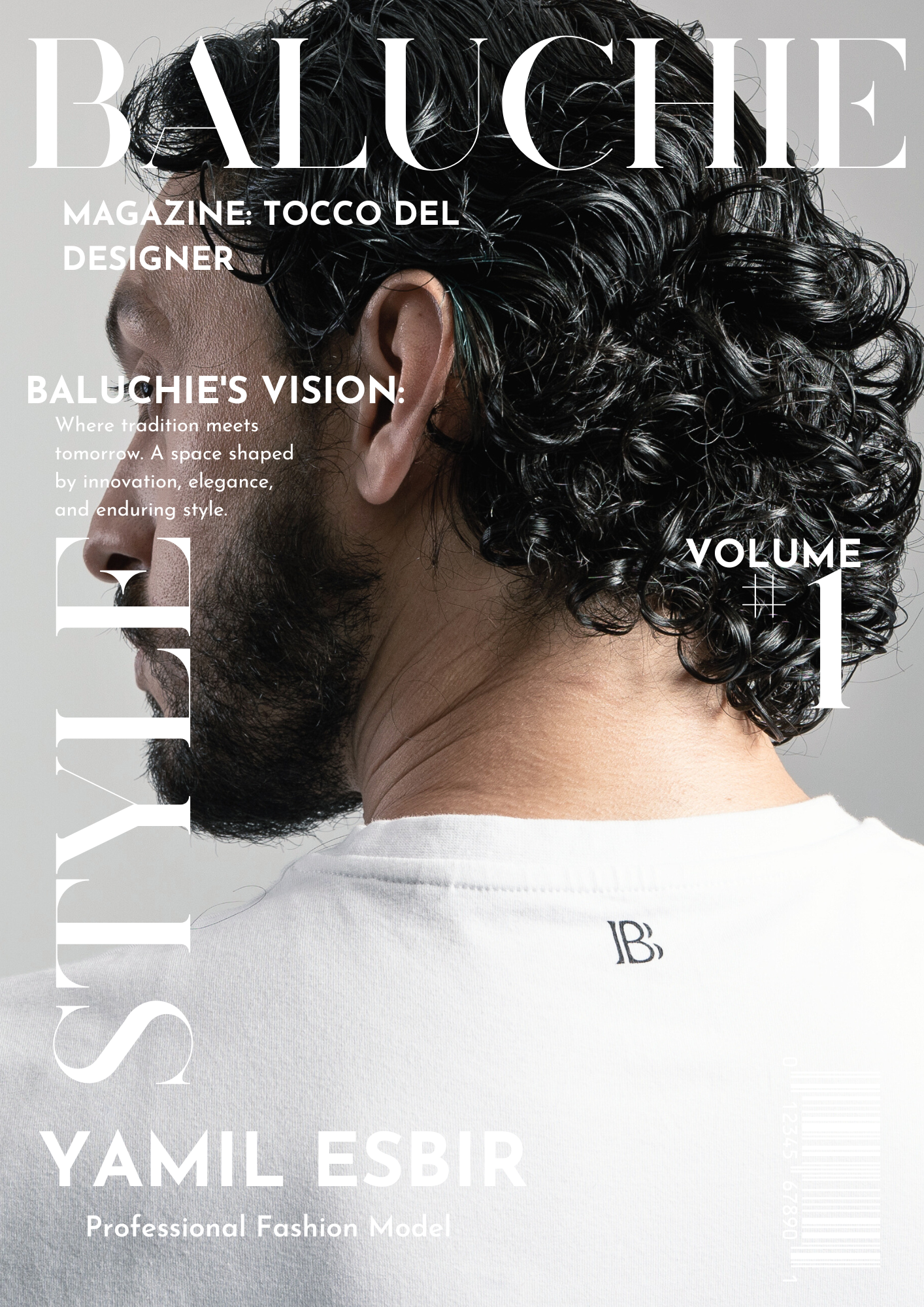 Baluchie Magazine Volume I cover featuring a model wearing a white Baluchie Milano T-shirt.